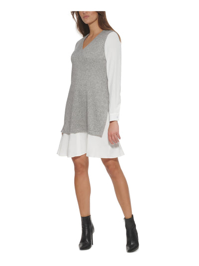 DKNY Womens Cuffed Sleeve V Neck Above The Knee Wear To Work Sweater Dress