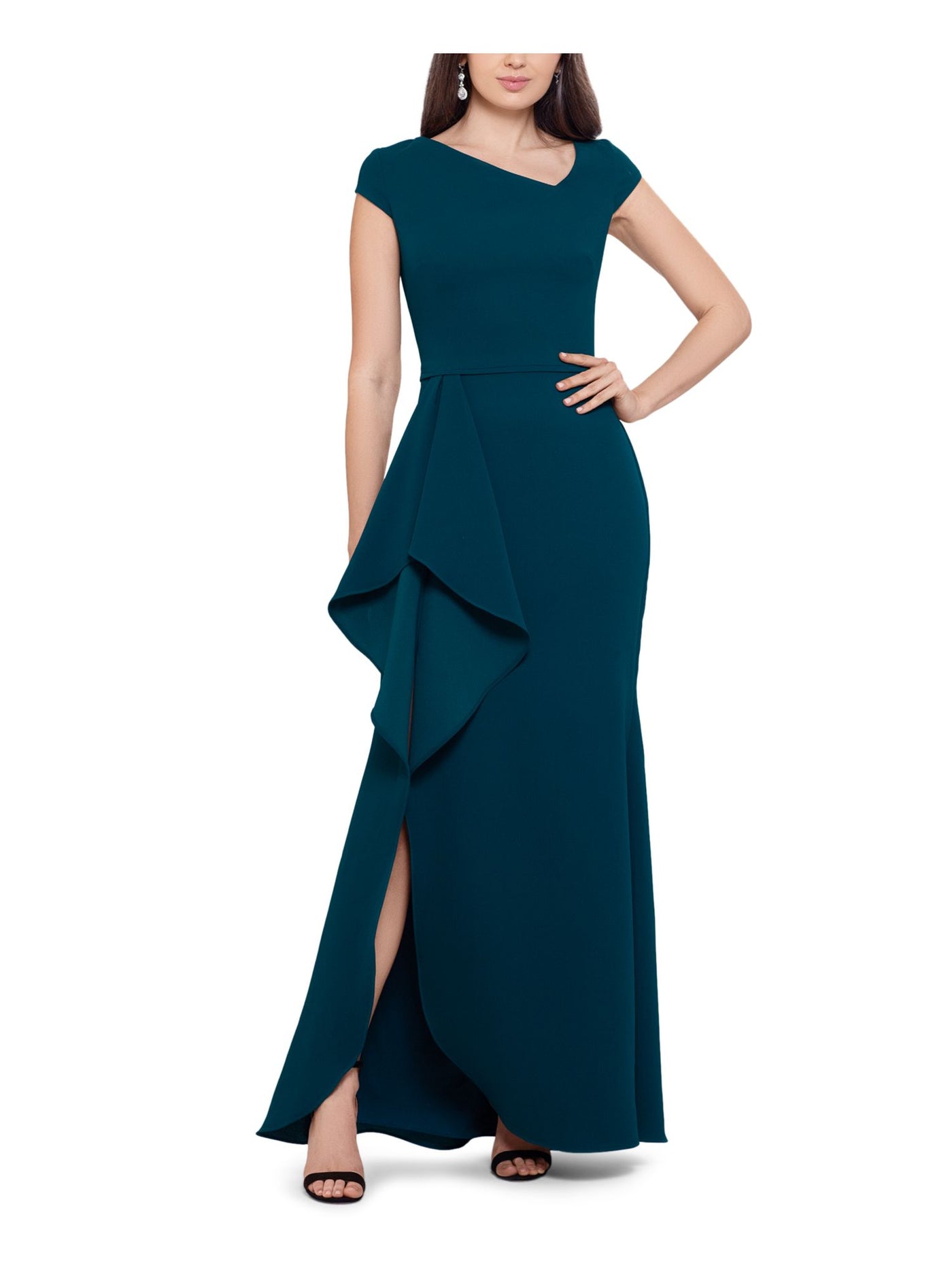 BETSY & ADAM Womens Teal Zippered Ruffle And Slit Front Side Lined Cap Sleeve Asymmetrical Neckline Full-Length Formal Gown Dress 4