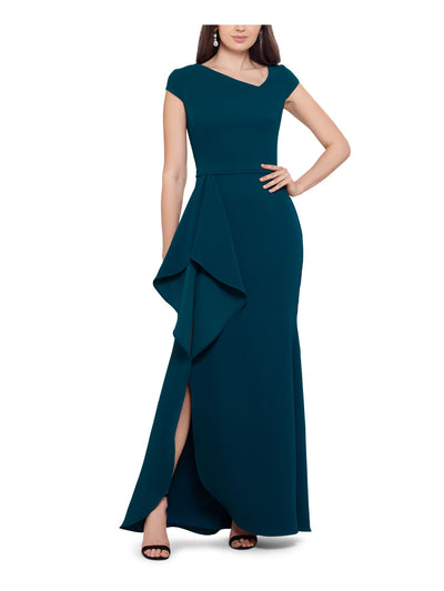 BETSY & ADAM Womens Green Zippered Ruffle And Slit Front Side Lined Cap Sleeve Asymmetrical Neckline Full-Length Formal Gown Dress 4