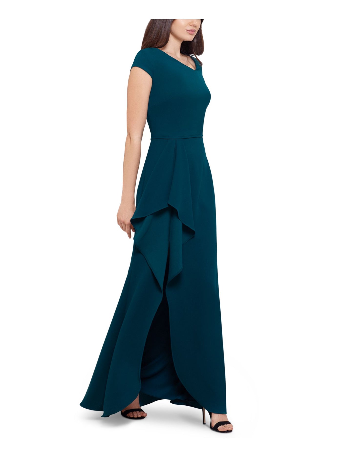 BETSY & ADAM Womens Green Zippered Ruffle And Slit Front Side Lined Cap Sleeve Asymmetrical Neckline Full-Length Formal Gown Dress 4