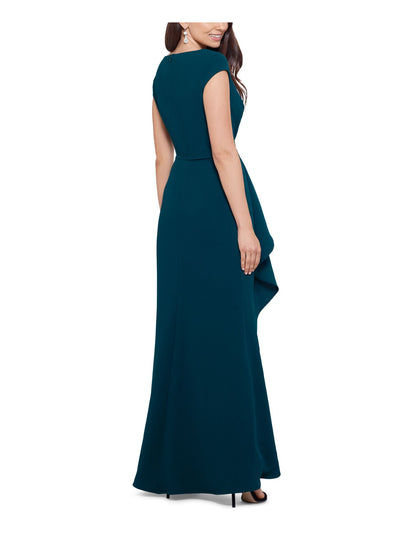 BETSY & ADAM Womens Green Zippered Ruffle And Slit Front Side Lined Cap Sleeve Asymmetrical Neckline Full-Length Formal Gown Dress 4