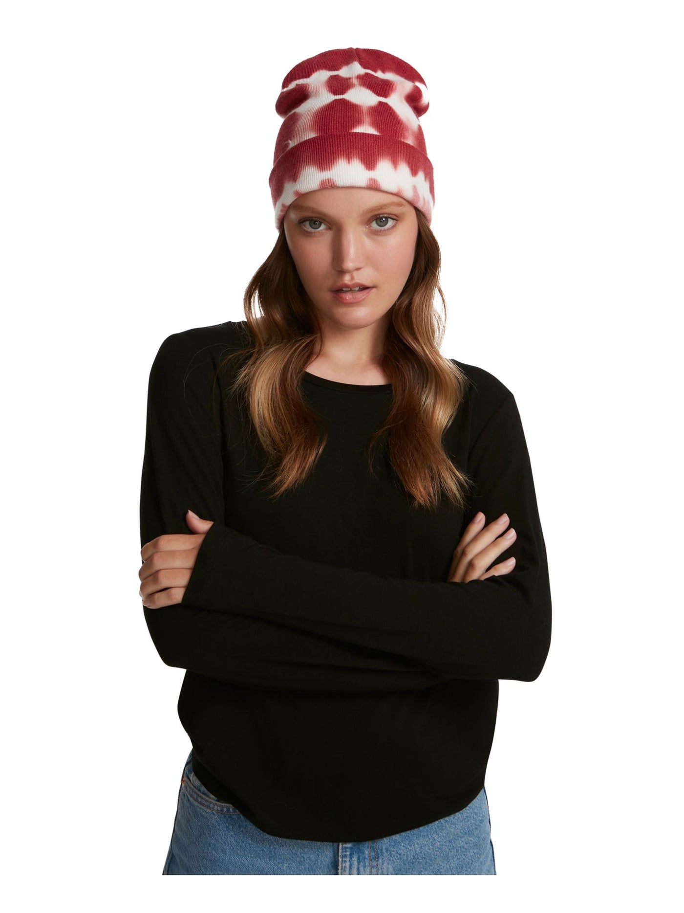 STEVE MADDEN Womens Dark Wine Tie-Dyed Knit Fitted Foldover Brim  Logo Hardware Beanie Hat Cap