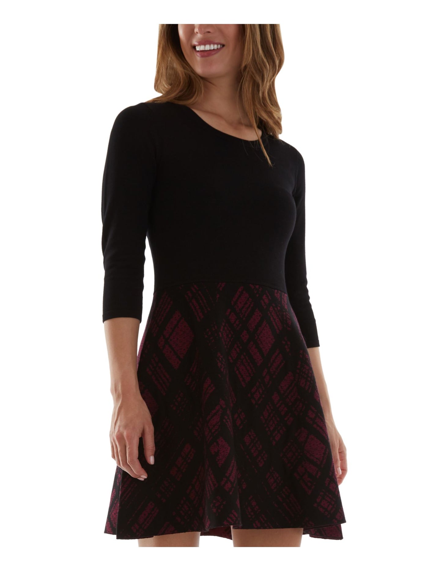 BCX Womens Black Knit 3/4 Sleeve Round Neck Above The Knee Party Sweater Dress L