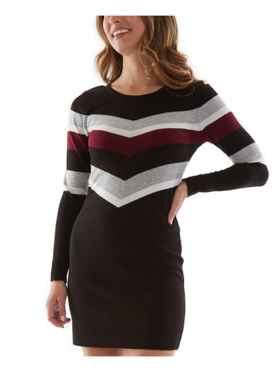 BCX DRESS Womens Black Stretch Ribbed Metallic Color Block Long Sleeve Crew Neck Short Sweater Dress Juniors L