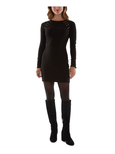 BCX DRESS Womens Ribbed Laced Grommets Raglan Sleeve Crew Neck Above The Knee Party Sweater Dress