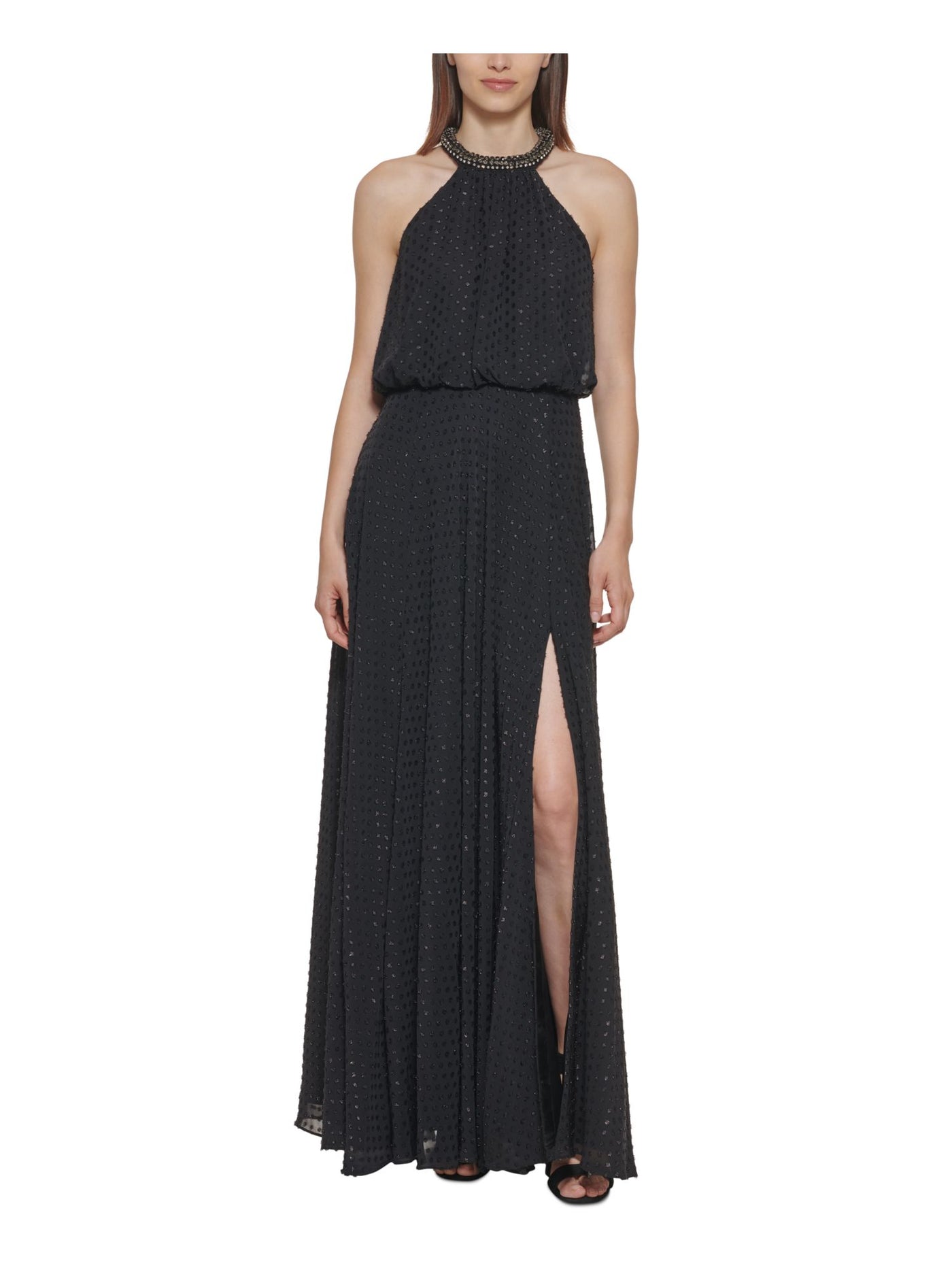 CALVIN KLEIN Womens Black Embellished Zippered Thigh High Slit Sleeveless Halter Full-Length Formal Gown Dress 10