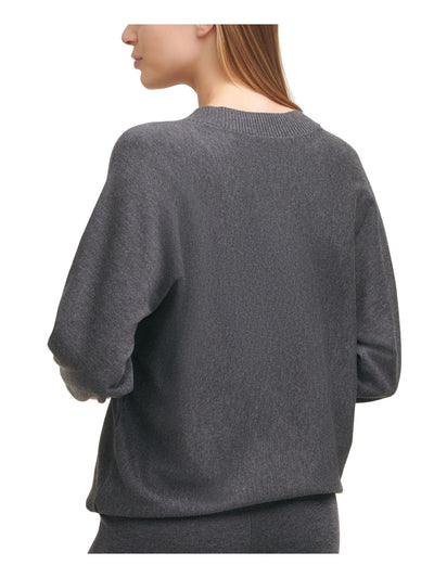 DKNY Womens Gray Knit Ribbed Pleated Heather Pouf Sleeve V Neck Sweater L