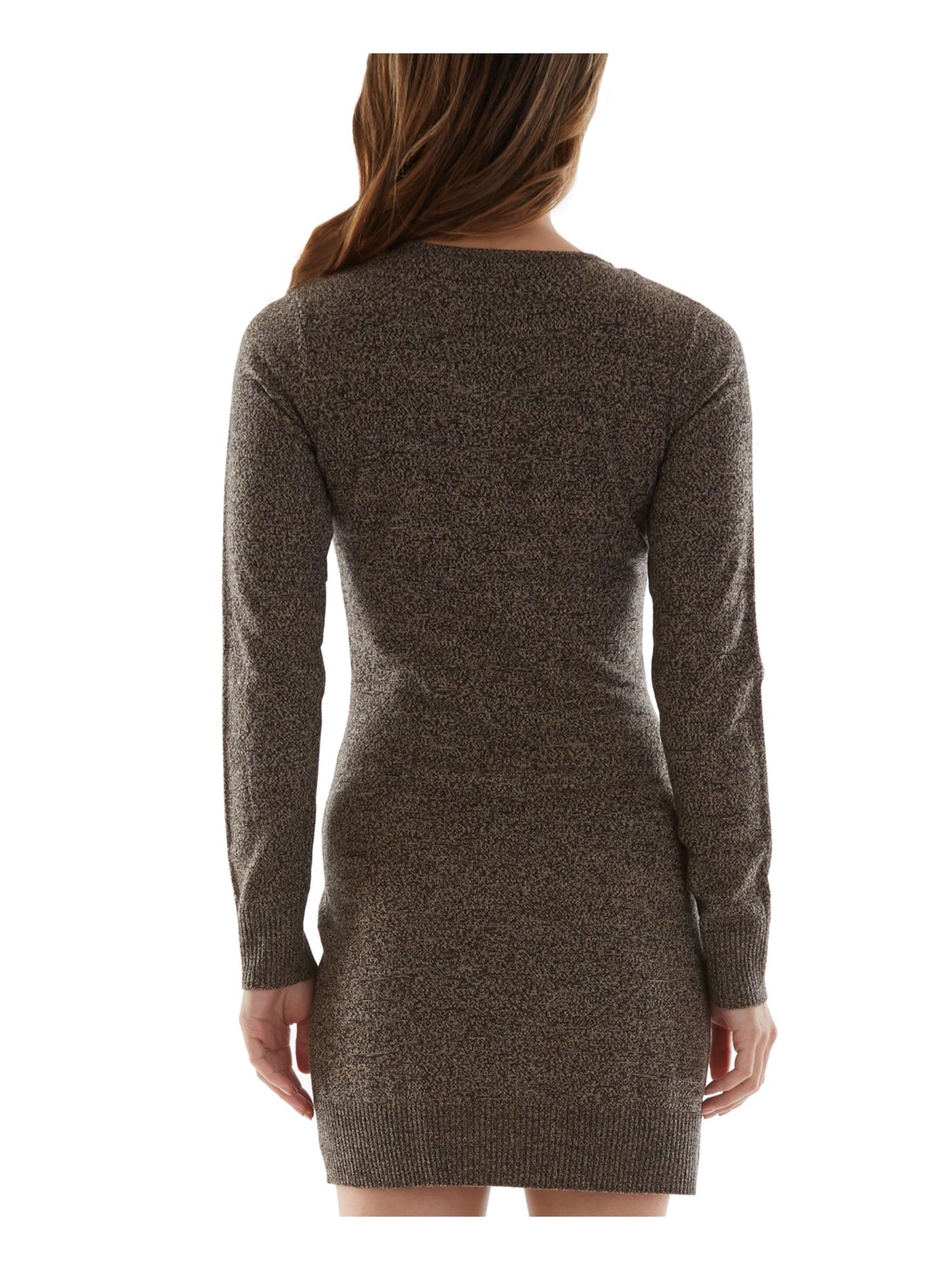 BCX DRESS Womens Pocketed Faux Leather Trim Ribbed Trim Long Sleeve Jewel Neck Short Sheath Dress