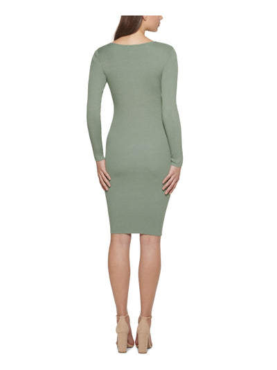 GUESS Womens Green Knit Ribbed Long Sleeve Square Neck Below The Knee Cocktail Sweater Dress M