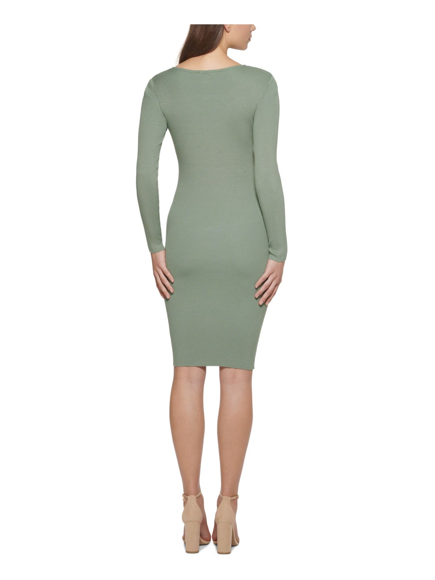 GUESS Womens Green Knit Ribbed Long Sleeve Square Neck Below The Knee Cocktail Sweater Dress XS