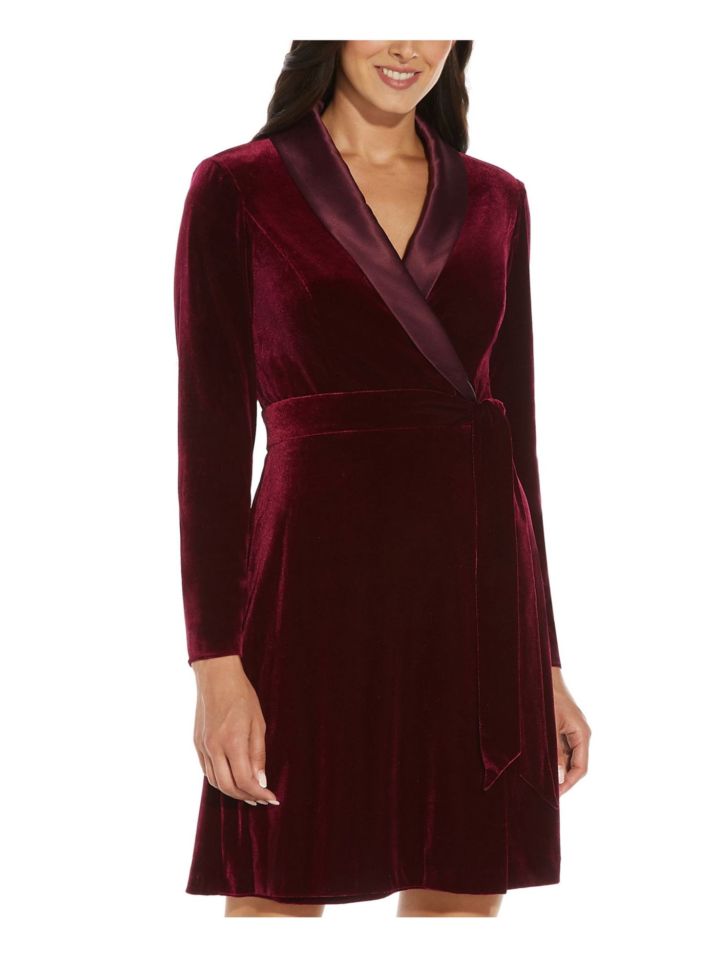 ADRIANNA PAPELL Womens Burgundy Tie Velvet Tuxedo Satin Collar Long Sleeve V Neck Knee Length Evening Faux Wrap Dress 4