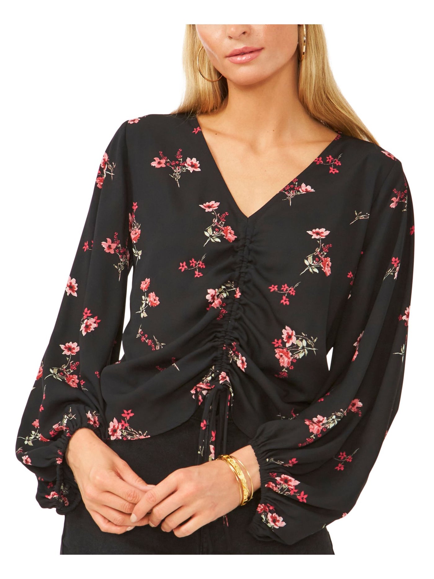VINCE CAMUTO Womens Black Ruched Tie Floral Blouson Sleeve V Neck Blouse XL