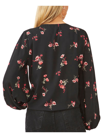 VINCE CAMUTO Womens Black Ruched Tie Floral Blouson Sleeve V Neck Blouse XS