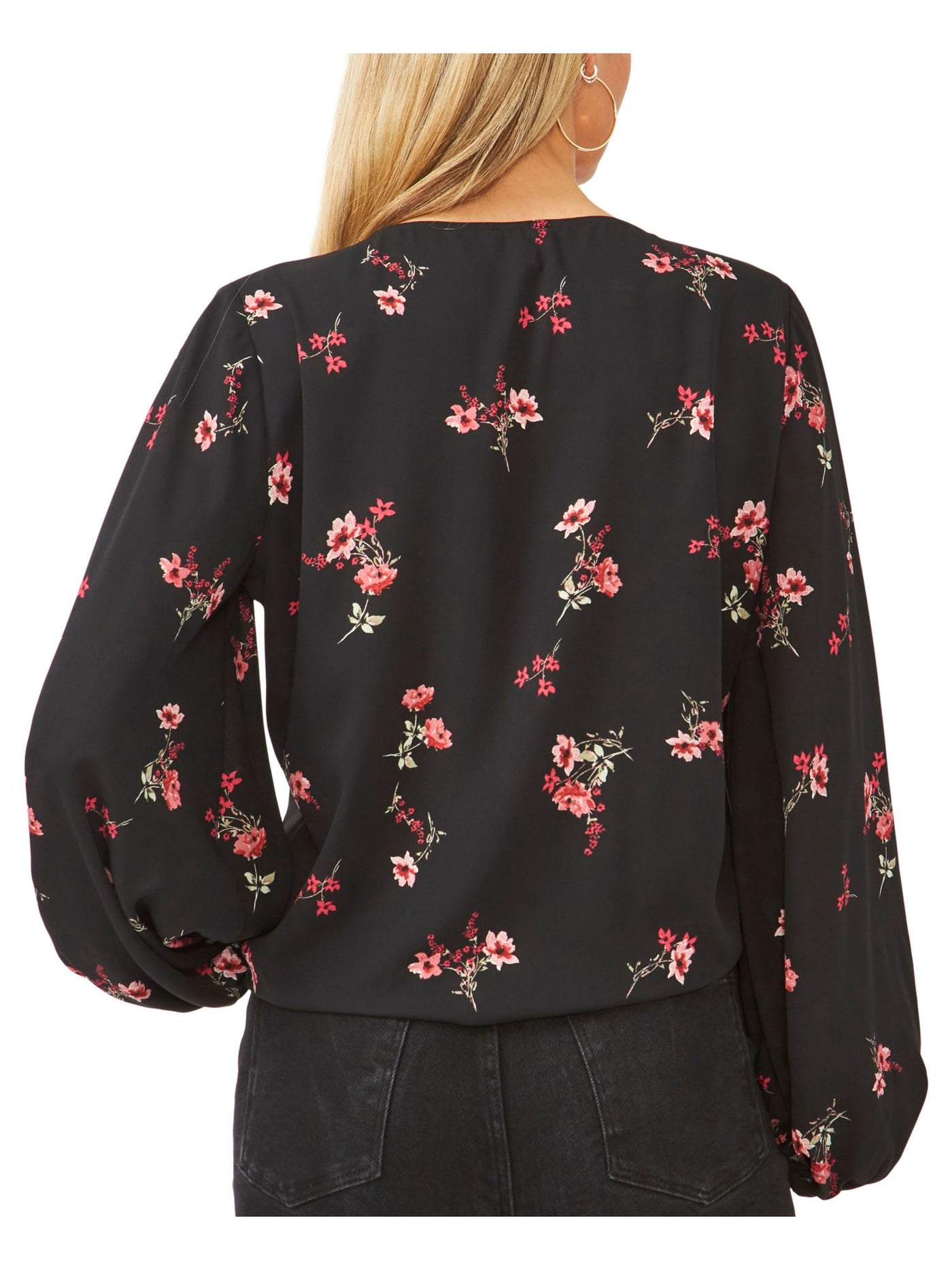 VINCE CAMUTO Womens Black Ruched Tie Floral Blouson Sleeve V Neck Blouse XL