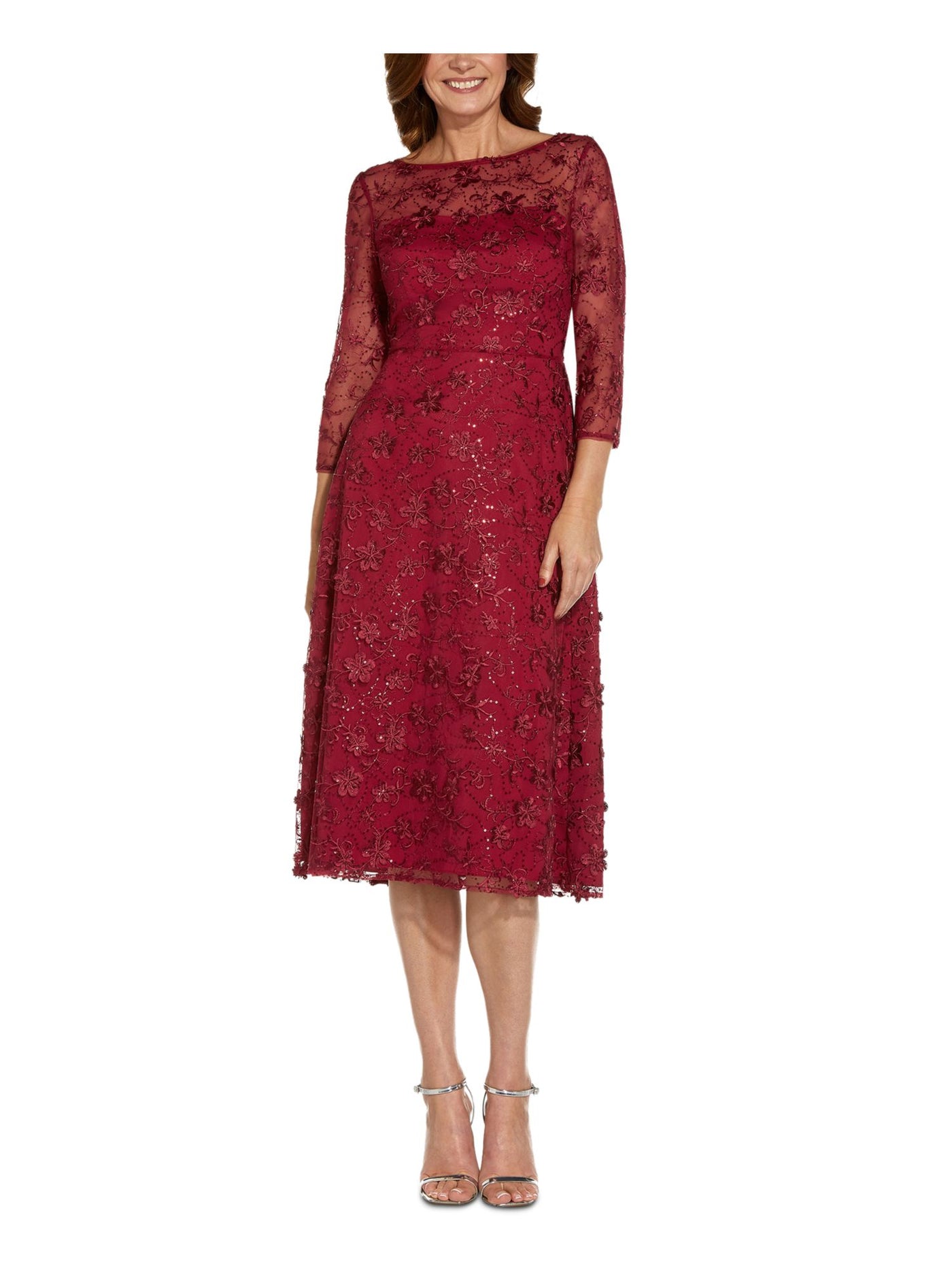 ADRIANNA PAPELL Womens Red Sequined Sheer Zippered Lined 3/4 Sleeve Boat Neck Below The Knee Evening Fit + Flare Dress 6