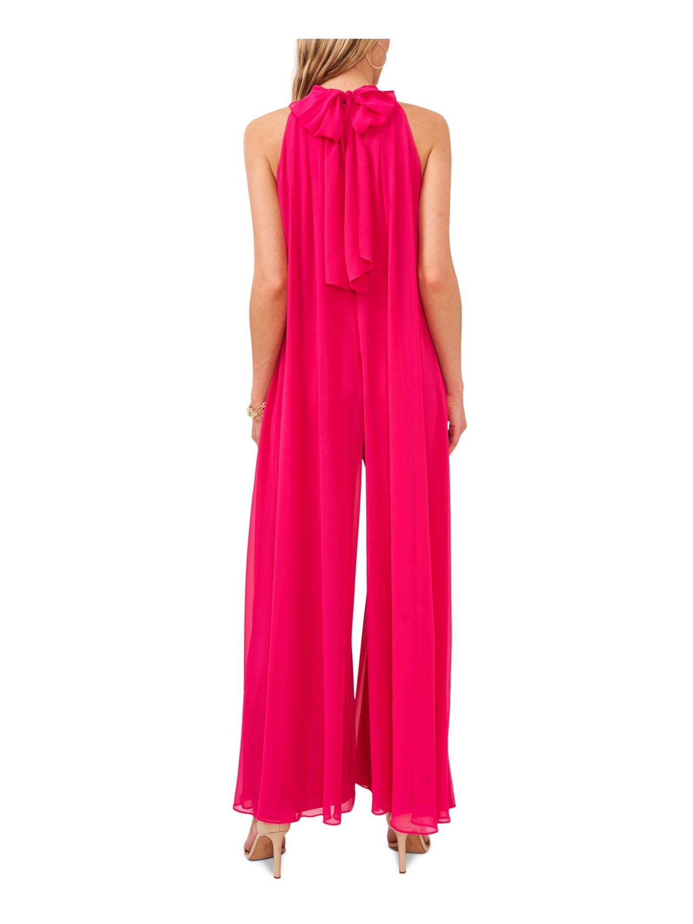 VINCE CAMUTO Womens Pink Zippered Tie Draped Front Sheer Lined Sleeveless Halter Party Wide Leg Jumpsuit M