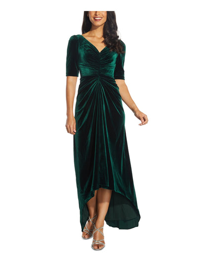 ADRIANNA PAPELL Womens Green Stretch Ruched Zippered Lined Elbow Sleeve V Neck Full-Length Formal Hi-Lo Dress 12