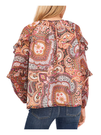 VINCE CAMUTO Womens Pink Ruffled Slitted Self Tie Neck Sheer Partially Li Paisley Long Sleeve Split Wear To Work Peasant Top XS