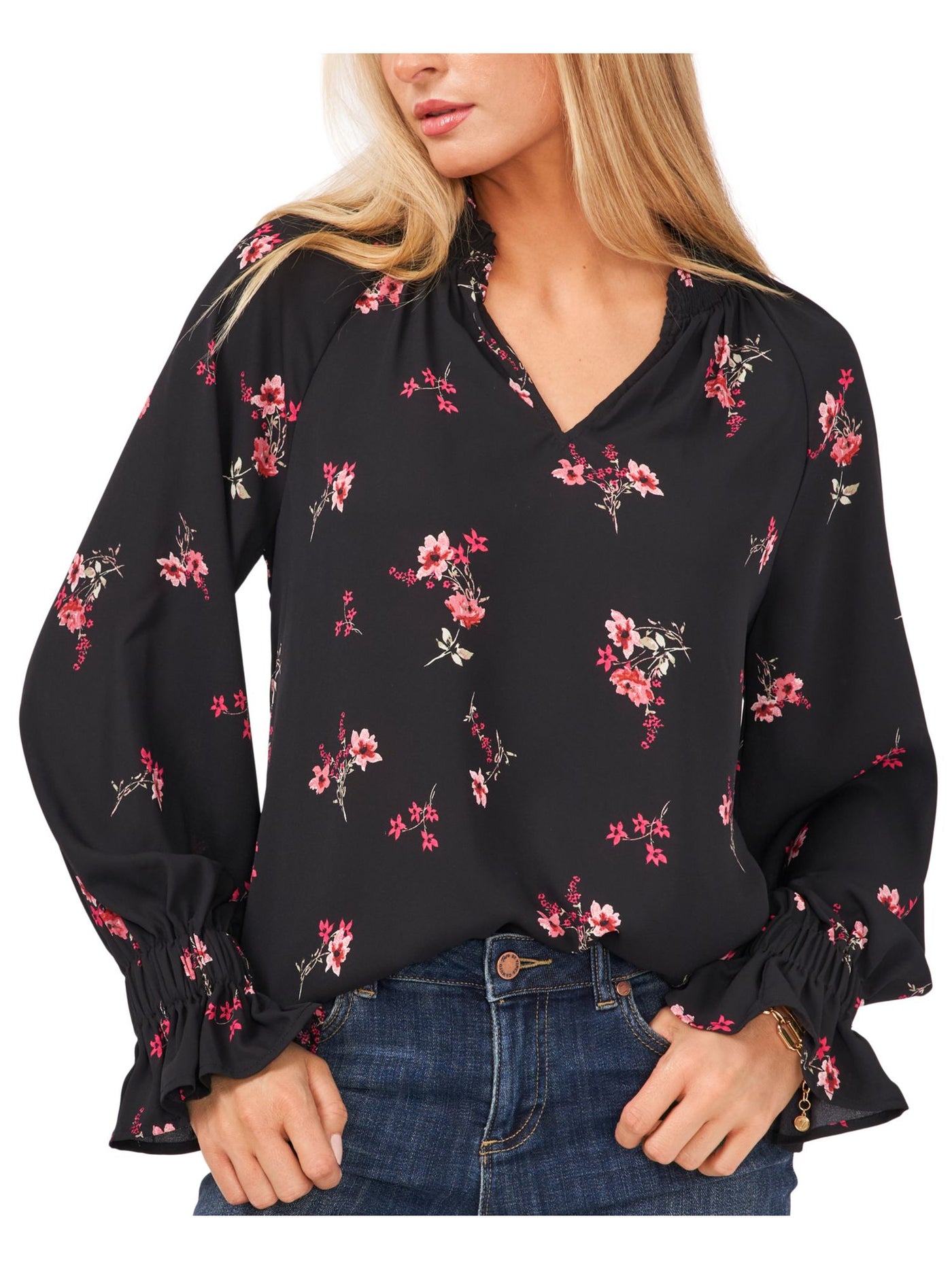 VINCE CAMUTO Womens Black Smocked Shirred Back Bell Cuffs Floral Long Sleeve Split Top XS