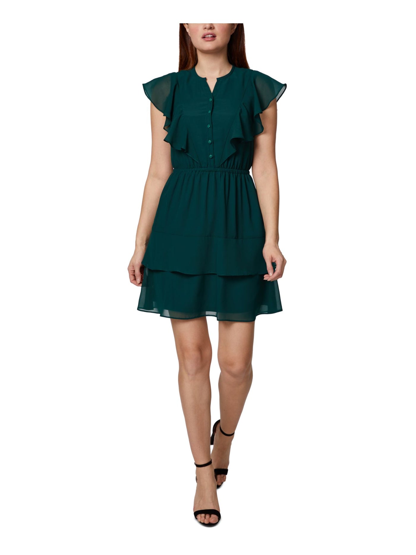 SAGE COLLECTIVE Womens Green Ruffled Sheer Button Lined Flutter Sleeve Split Short Evening Fit + Flare Dress Petites 10P