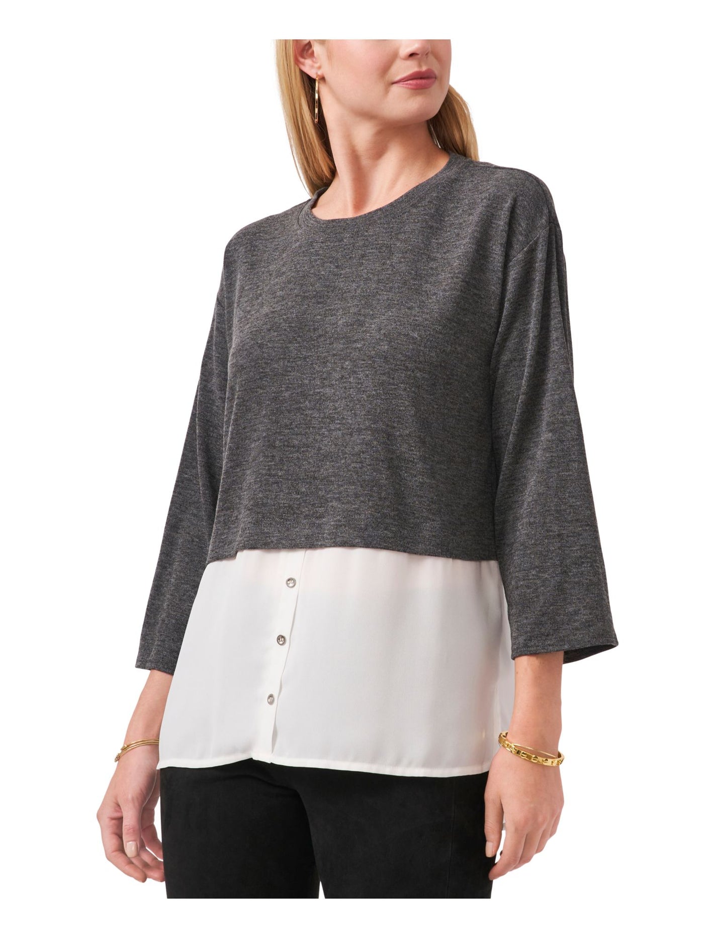 VINCE CAMUTO Womens Gray Color Block 3/4 Sleeve Crew Neck Top L