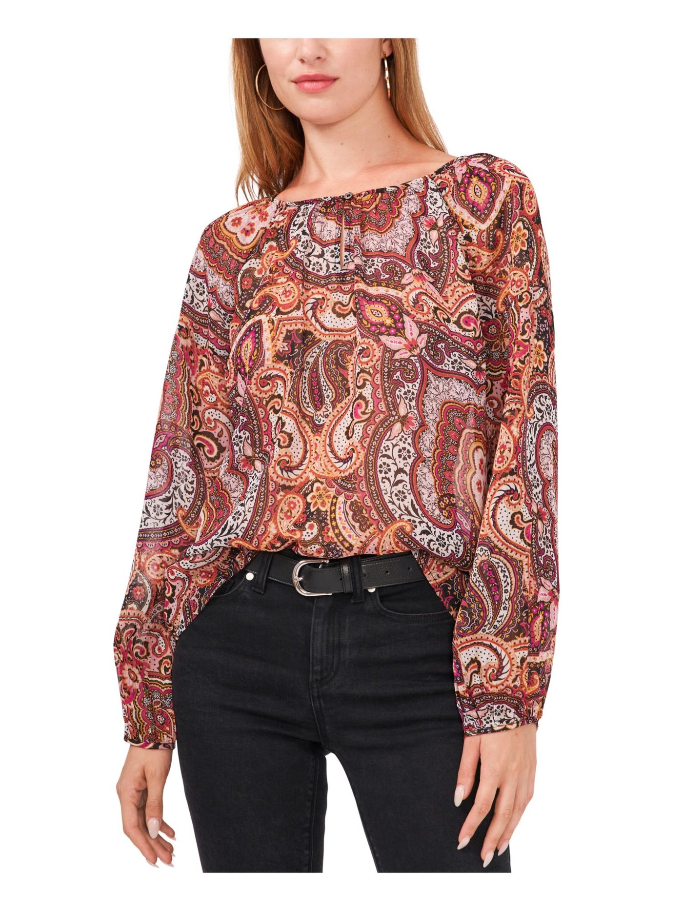 VINCE CAMUTO Womens Pink Sheer Metallic Paisley Long Sleeve Keyhole Wear To Work Blouse XS