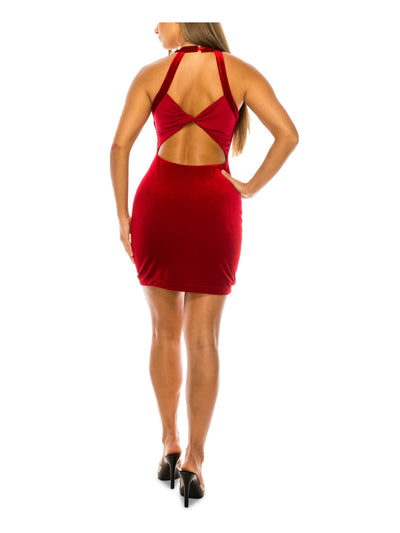 B DARLIN Womens Red Stretch Short Length Open Back With Twist Lined Sleeveless Halter Mini Evening Sheath Dress Juniors 13\14