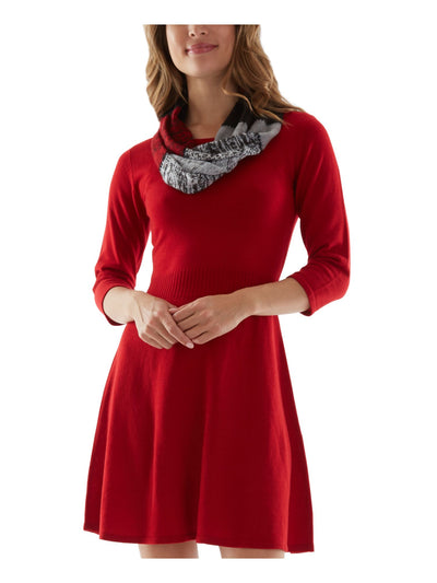 BCX DRESS Womens Red Ribbed Scarf Sweater 3/4 Sleeve Round Neck Short Sweater Dress XXL
