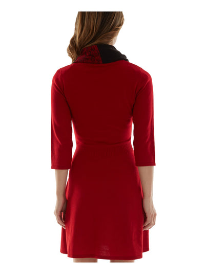 BCX DRESS Womens Red Ribbed Scarf Sweater 3/4 Sleeve Round Neck Short Sweater Dress XXL