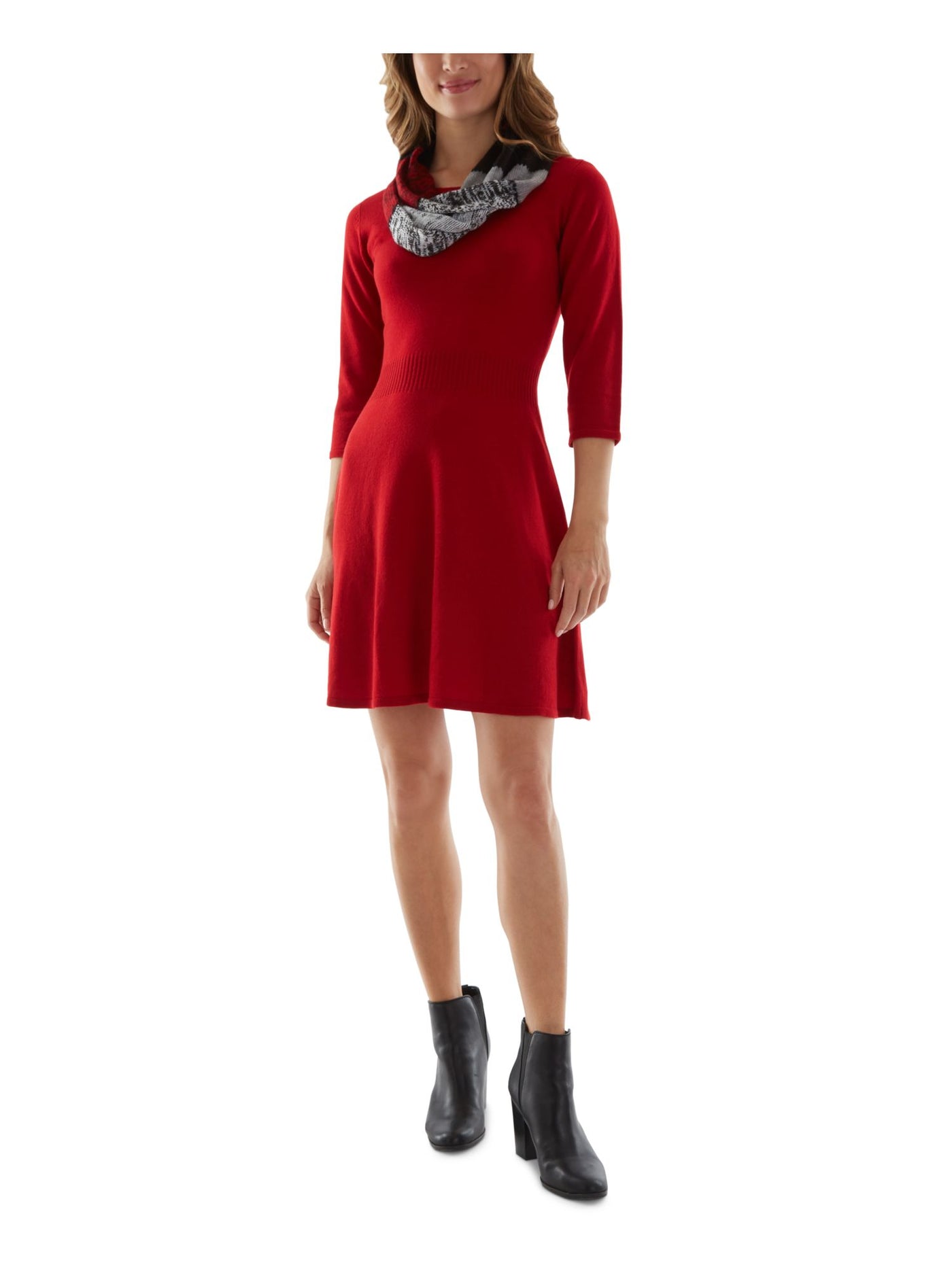 BCX DRESS Womens Red Ribbed Scarf Sweater 3/4 Sleeve Round Neck Above The Knee Dress XL