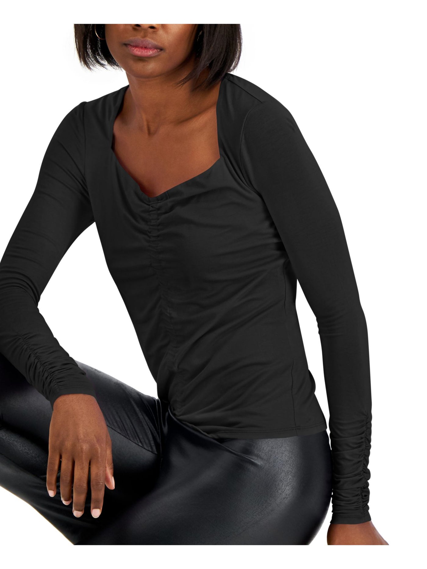 INC Womens Black Stretch Ruched Fitted Long Sleeve Queen Anne Neckline Wear To Work Top XS