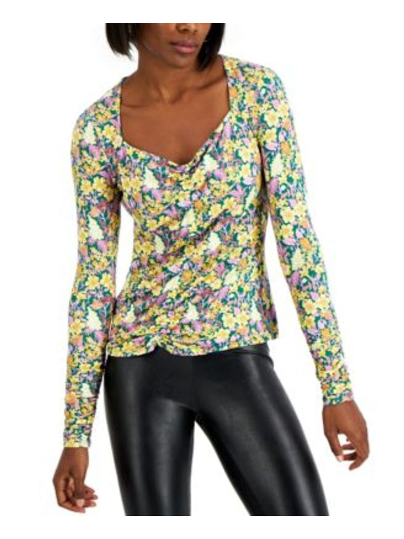 INC Womens Green Stretch Ruched Floral Long Sleeve V Neck Top S