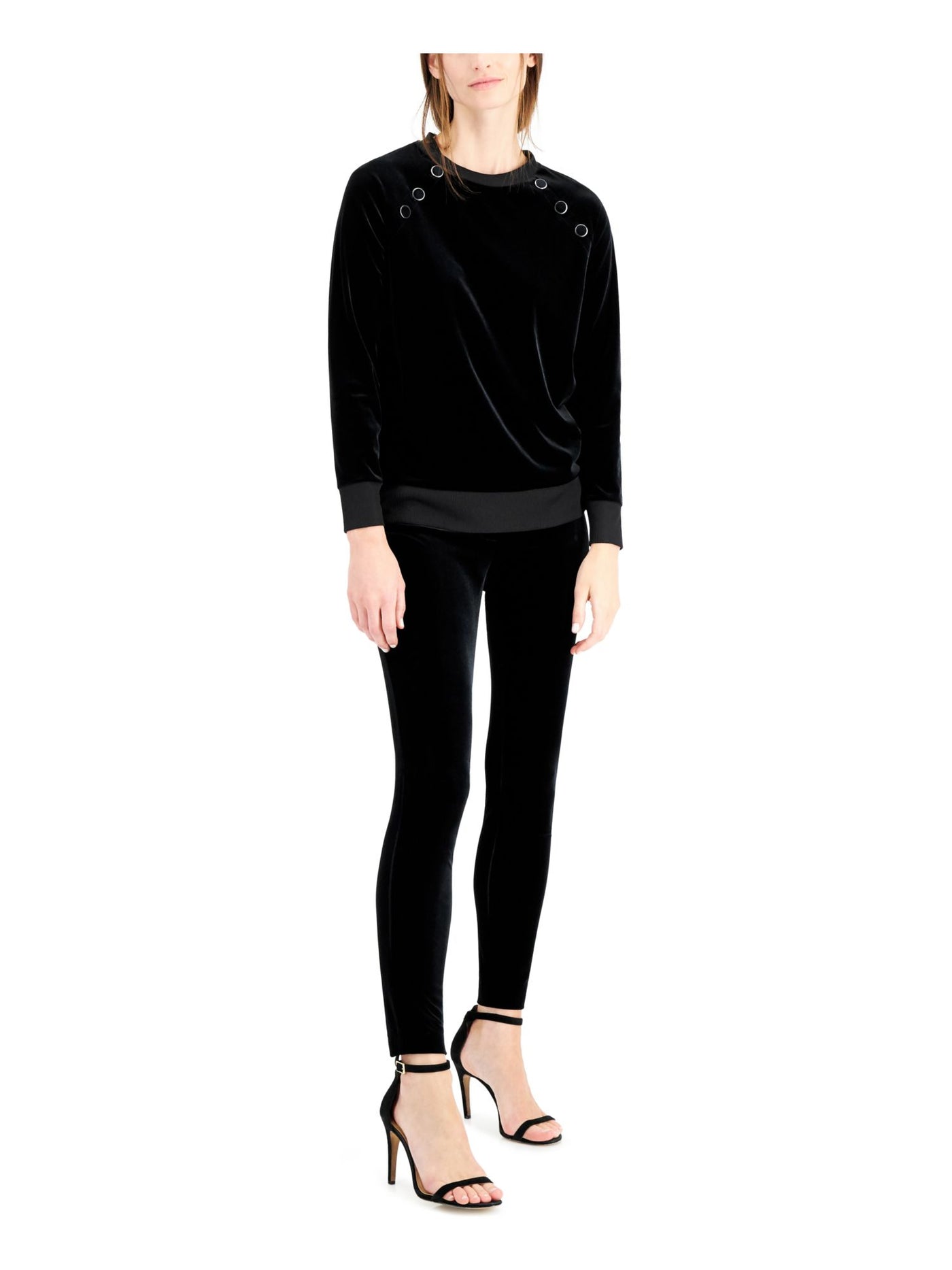 ANNE KLEIN Womens Black Ribbed Button Detail Pullover Vented Long Sleeve Crew Neck Sweater M