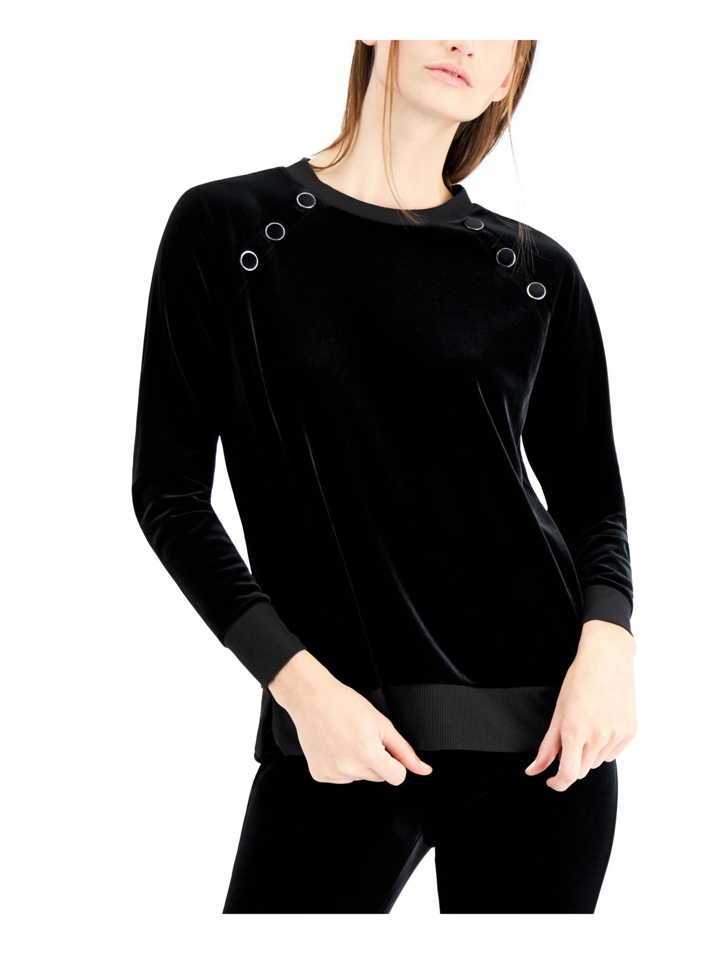 ANNE KLEIN Womens Black Ribbed Button Detail Pullover Vented Long Sleeve Crew Neck Sweater M