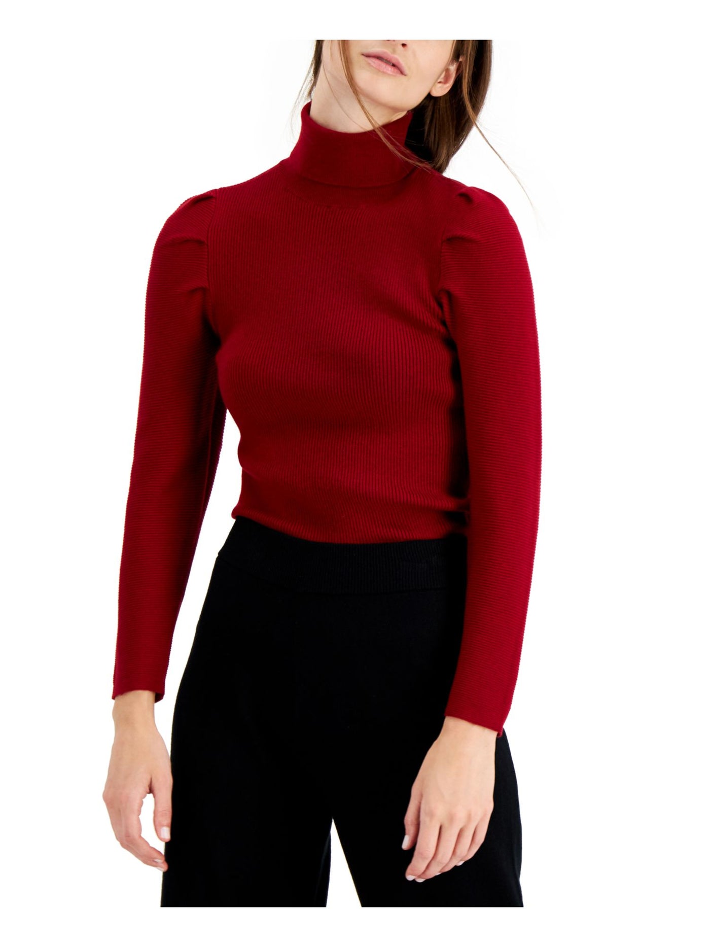 ANNE KLEIN Womens Red Ribbed Pouf Sleeve Turtle Neck Sweater L