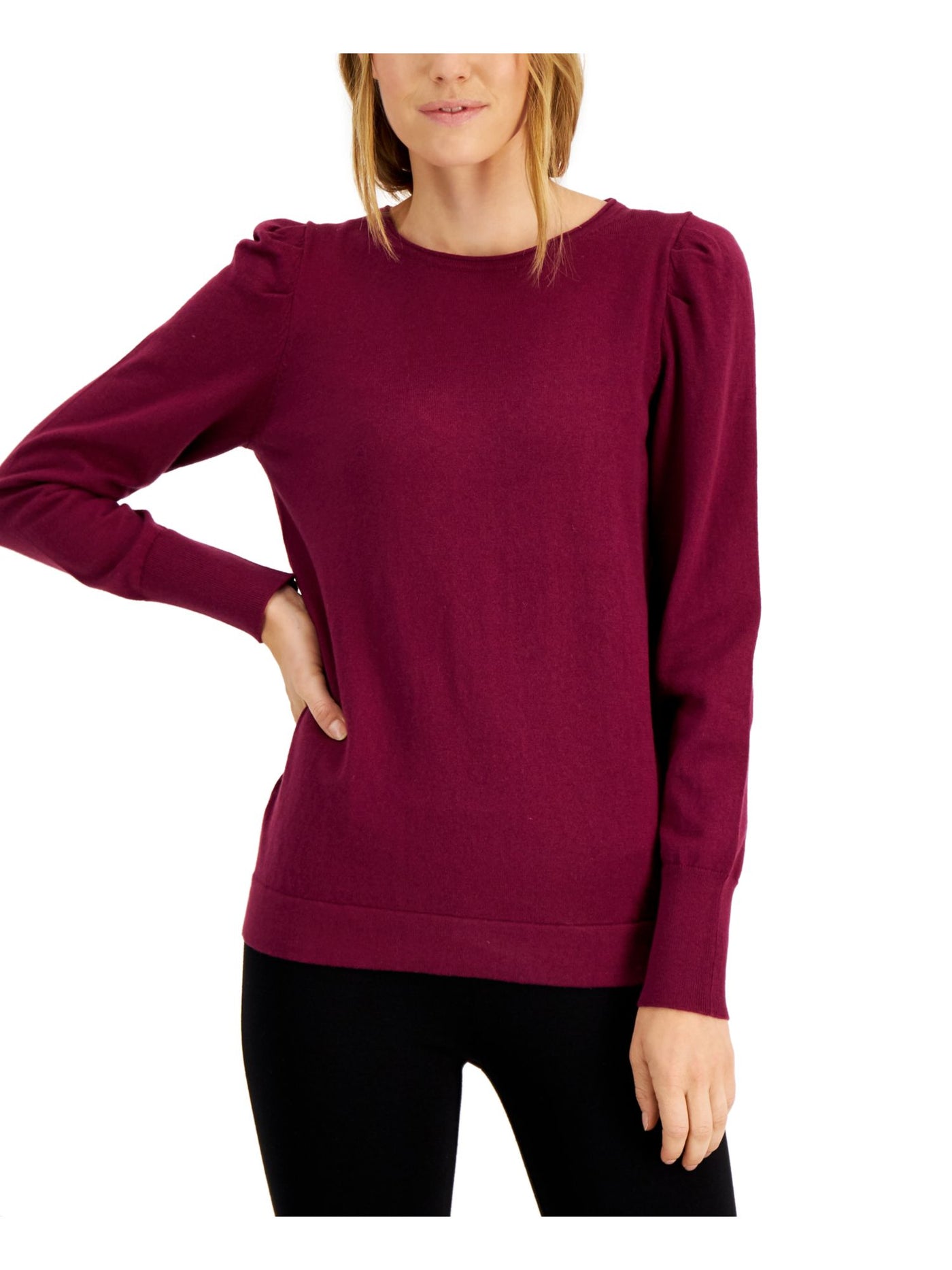 ANNE KLEIN Womens Purple Ribbed Pleated Pouf Sleeve Round Neck Sweater XXS