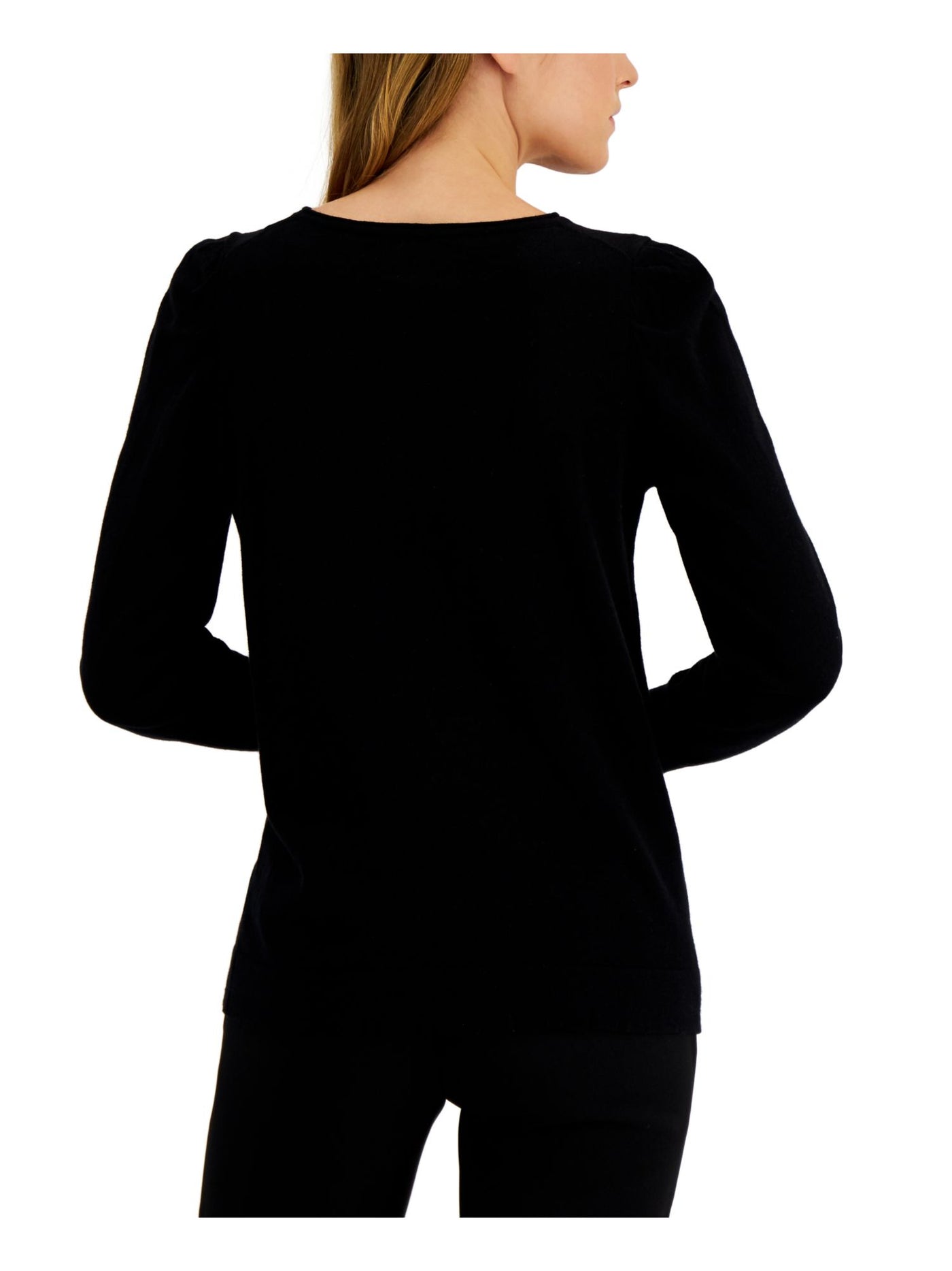 ANNE KLEIN Womens Cotton Blend Ribbed Stretch Pouf Sleeve Round Neck Wear To Work Sweater