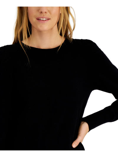 ANNE KLEIN Womens Black Cotton Blend Ribbed Stretch Pouf Sleeve Round Neck Wear To Work Sweater XS