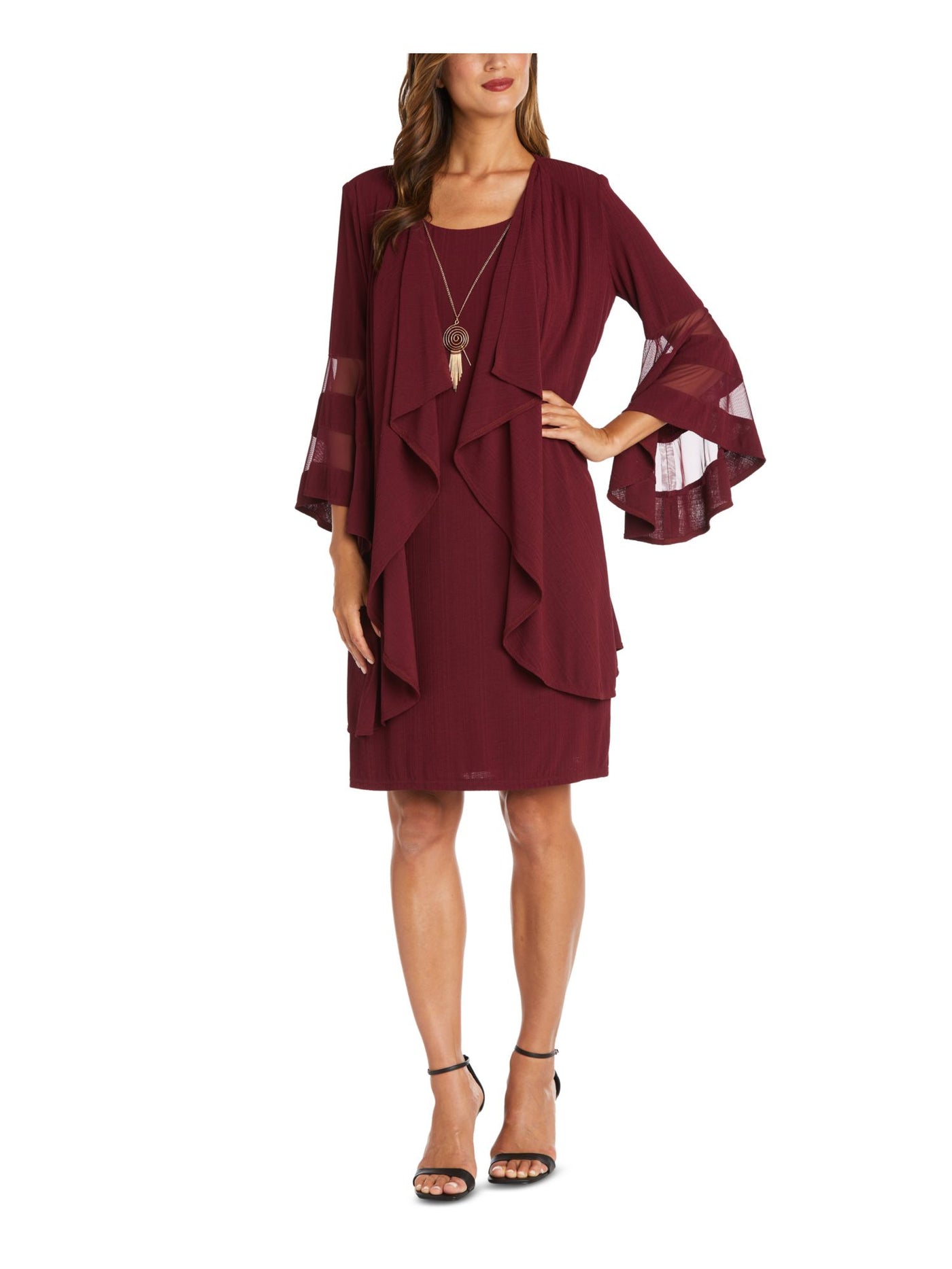 R&M RICHARDS WOMAN Womens Maroon Textured Sheer Open Front Jacket Sleeveless Scoop Neck Knee Length Wear To Work Sheath Dress Plus 16W