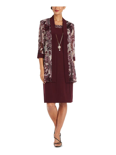 R&M RICHARDS Womens Burgundy Open Front 3/4 Sleeves Floral Wear To Work Duster Jacket Plus 20W