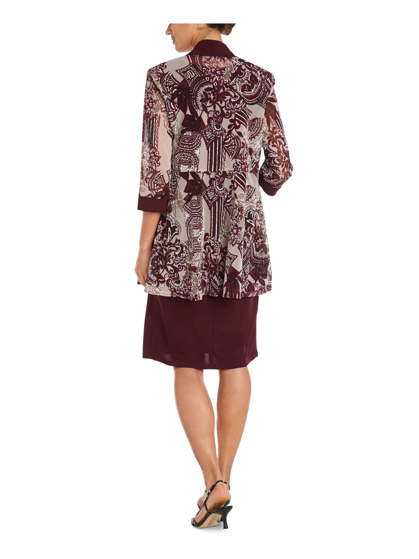 R&M RICHARDS Womens Burgundy Open Front 3/4 Sleeves Floral Wear To Work Duster Jacket Plus 18W