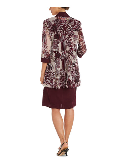 R&M RICHARDS Womens Burgundy Open Front 3/4 Sleeves Floral Wear To Work Duster Jacket Plus 20W