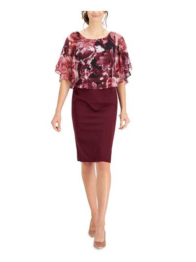 CONNECTED APPAREL Womens Maroon Stretch Zippered Floral Cape Overlay V-back Sleeveless Boat Neck Knee Length Wear To Work Sheath Dress 8