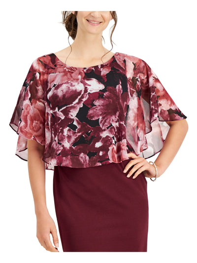 CONNECTED APPAREL Womens Maroon Stretch Zippered Floral Cape Overlay V-back Sleeveless Boat Neck Knee Length Wear To Work Sheath Dress 8