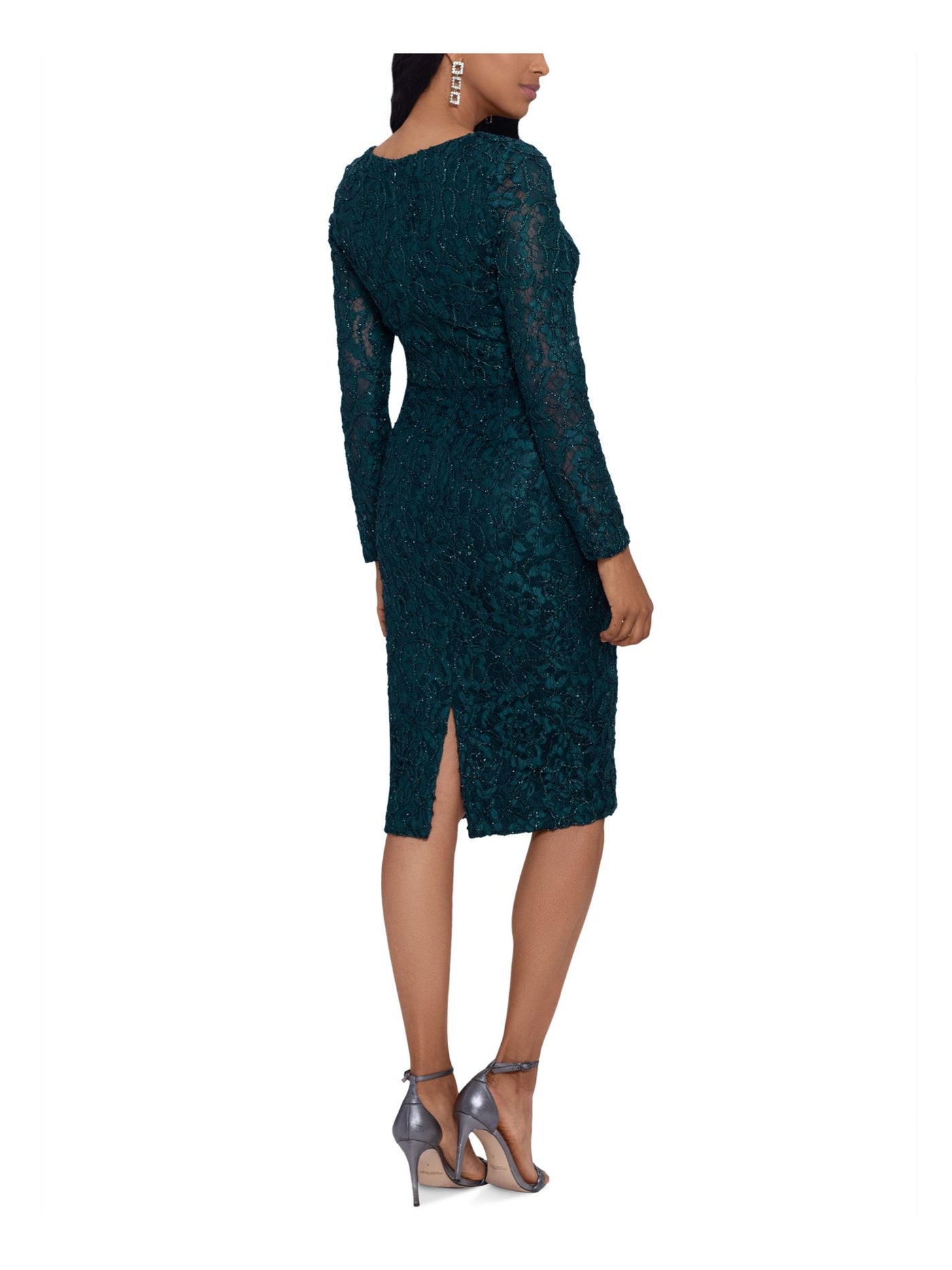 XSCAPE Womens Teal Zippered Slitted Lined Textured Long Sleeve Round Neck Below The Knee Cocktail Body Con Dress 4