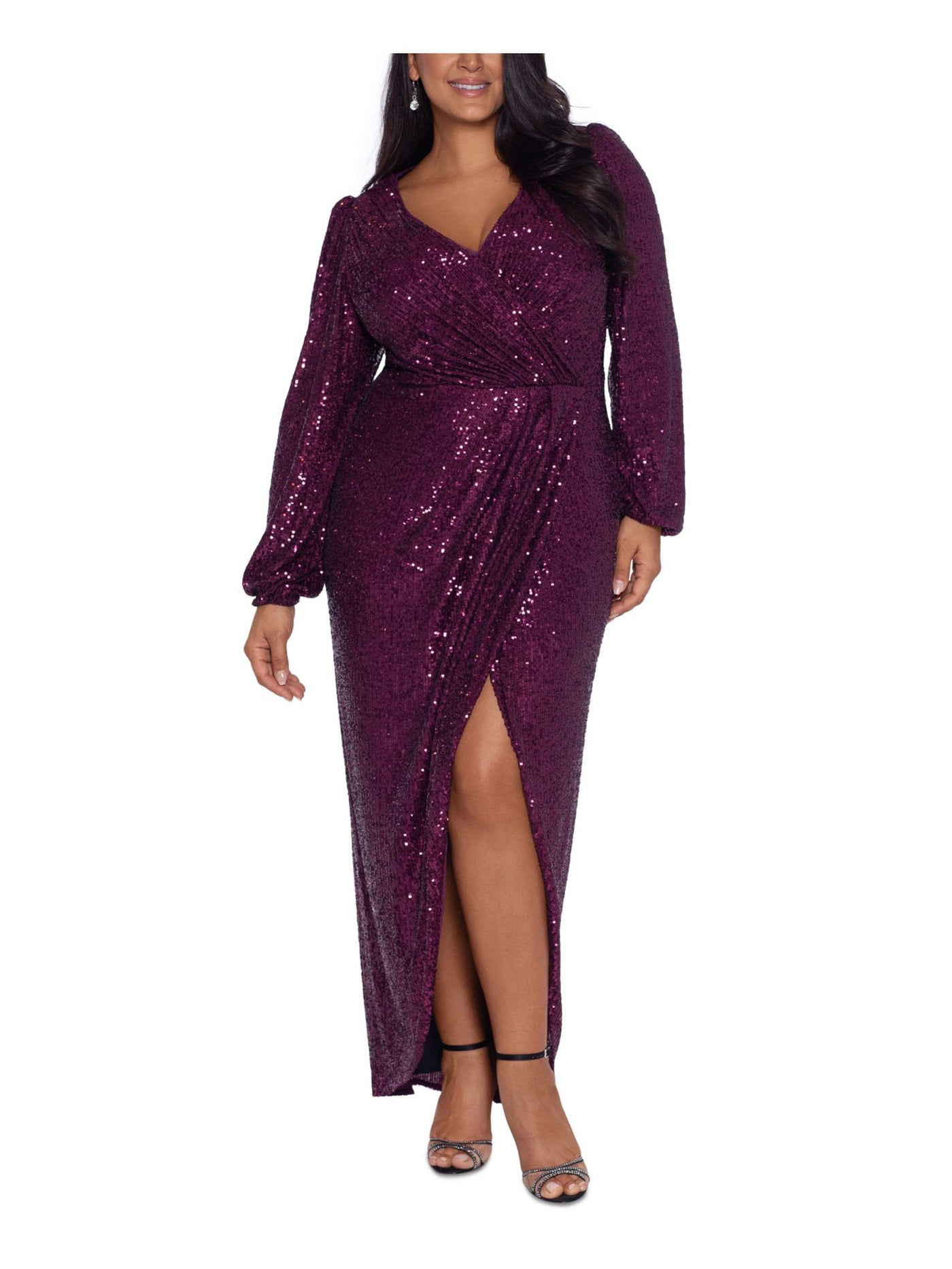 XSCAPE Womens Burgundy Sequined Slitted Zippered Long Sleeve V Neck Tea-Length Evening Gown Dress Plus 18W
