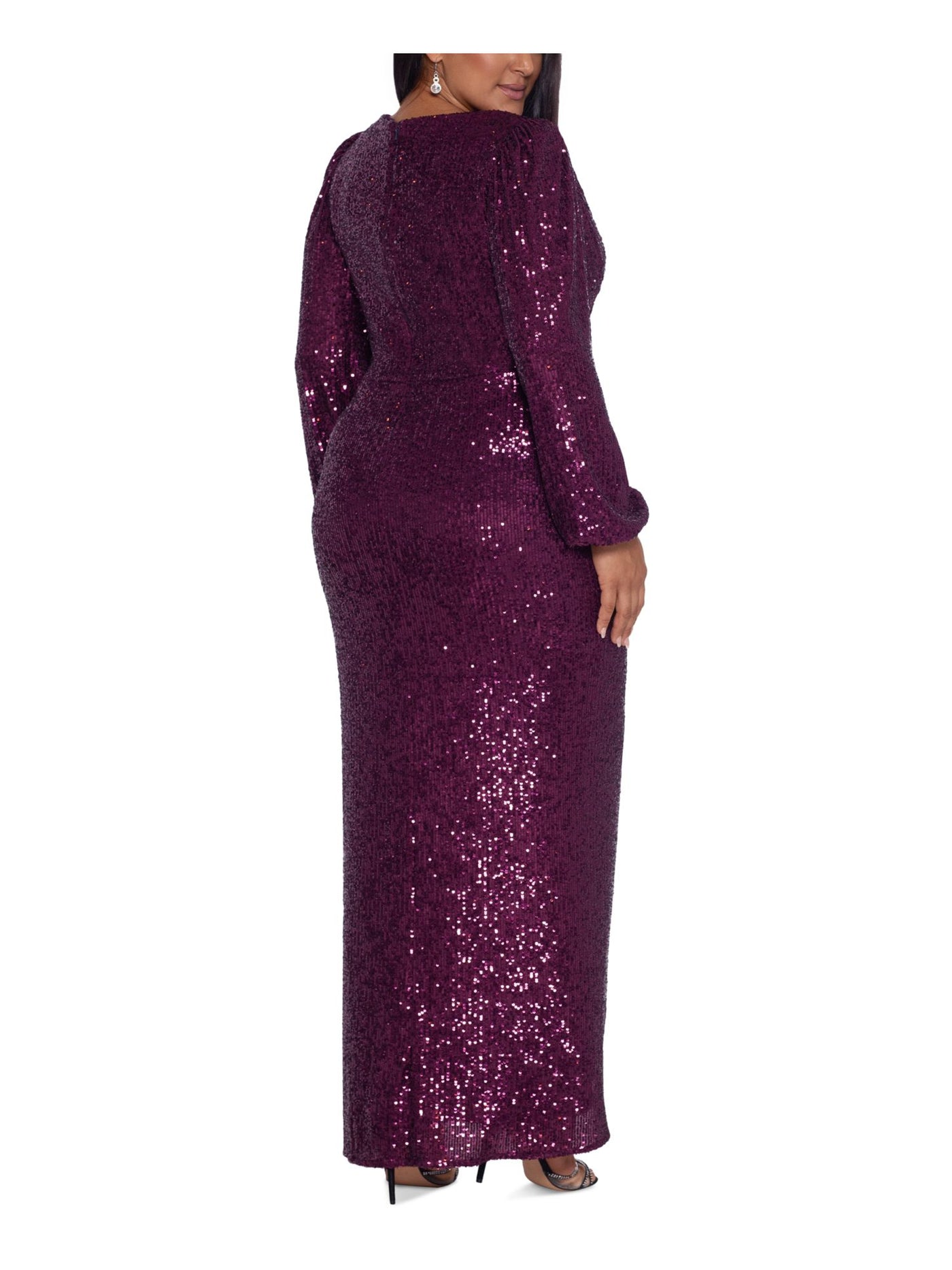 XSCAPE Womens Burgundy Sequined Slitted Zippered Long Sleeve V Neck Tea-Length Evening Gown Dress Plus 18W