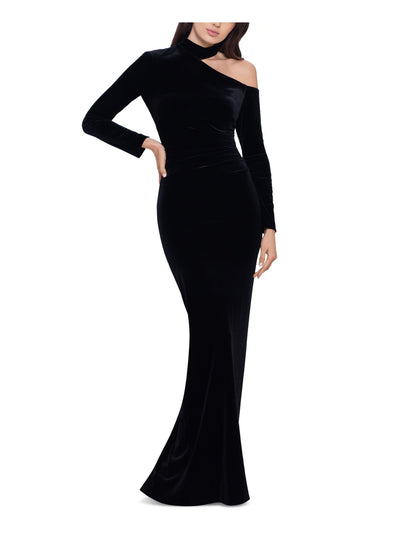 XSCAPE Womens Black Stretch Zippered Asymmetrical Shoulder Cut Out Long Sleeve Mock Neck Full-Length Formal Sheath Dress 12