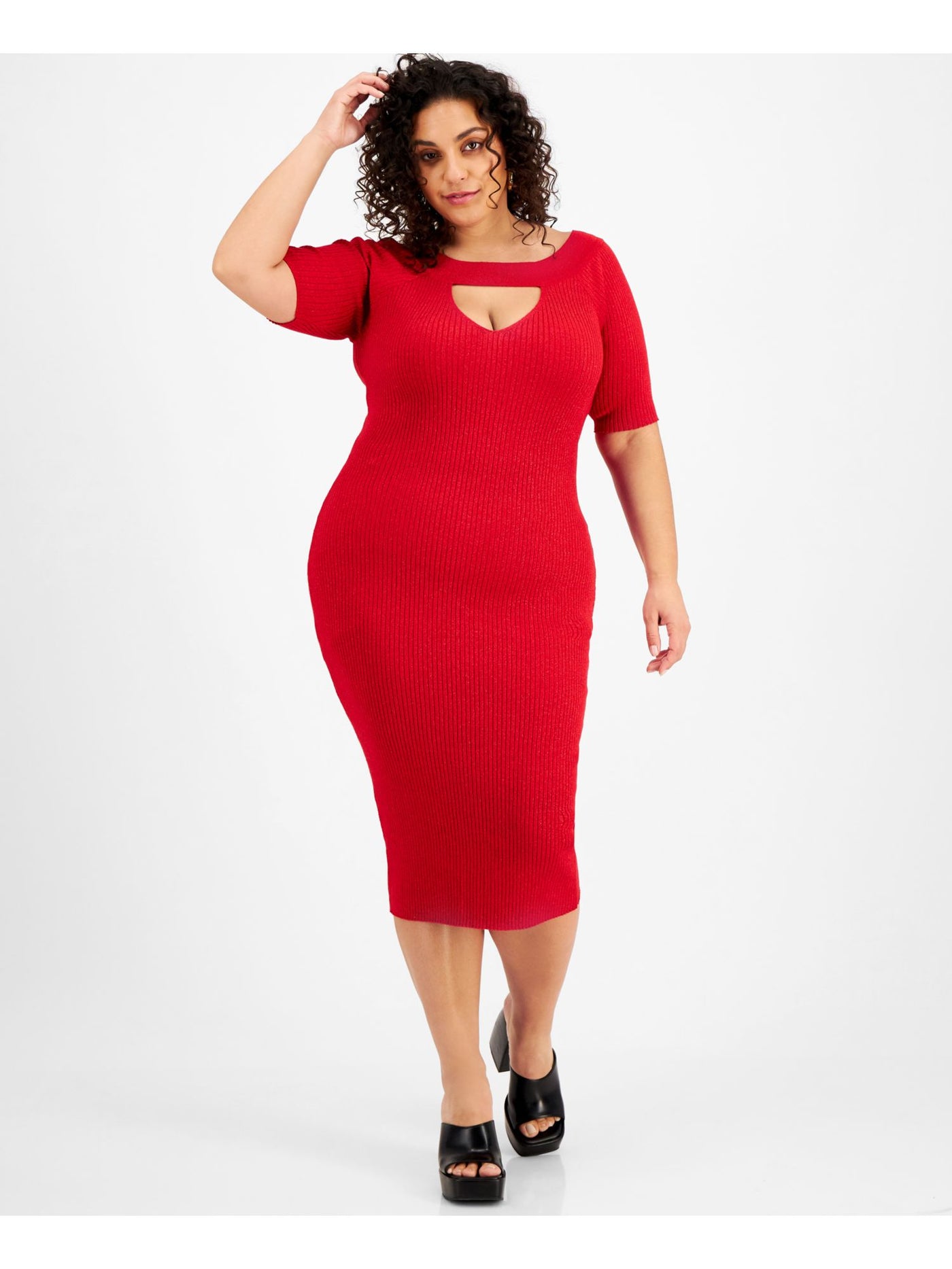 LOVE ALWAYS Womens Red Ribbed Cut Out Unlined Elbow Sleeve Round Neck Below The Knee Party Sweater Dress Plus 1X