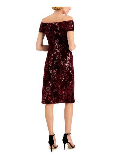 ADRIANNA PAPELL Womens Burgundy Stretch Embellished Zippered Lined Short Sleeve Off Shoulder Knee Length Evening Sheath Dress 4